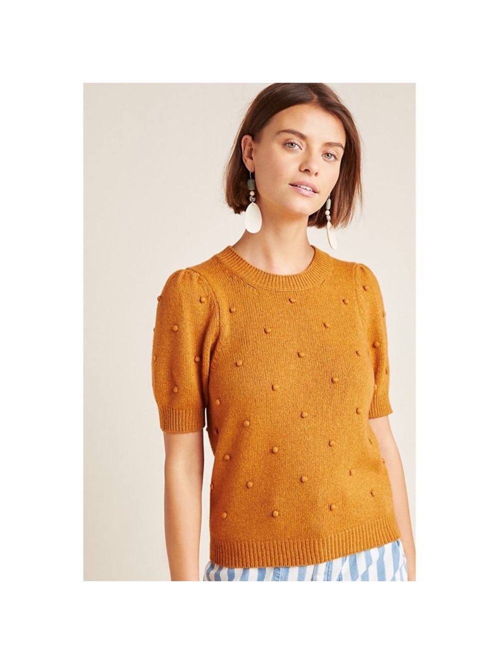 Anthropologie Mustard Dot-Texture Short Sleeve Sweater